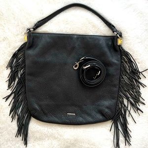 Rebecca Minkoff pebble leather fringe black boho shoulder crossbody stud genuine